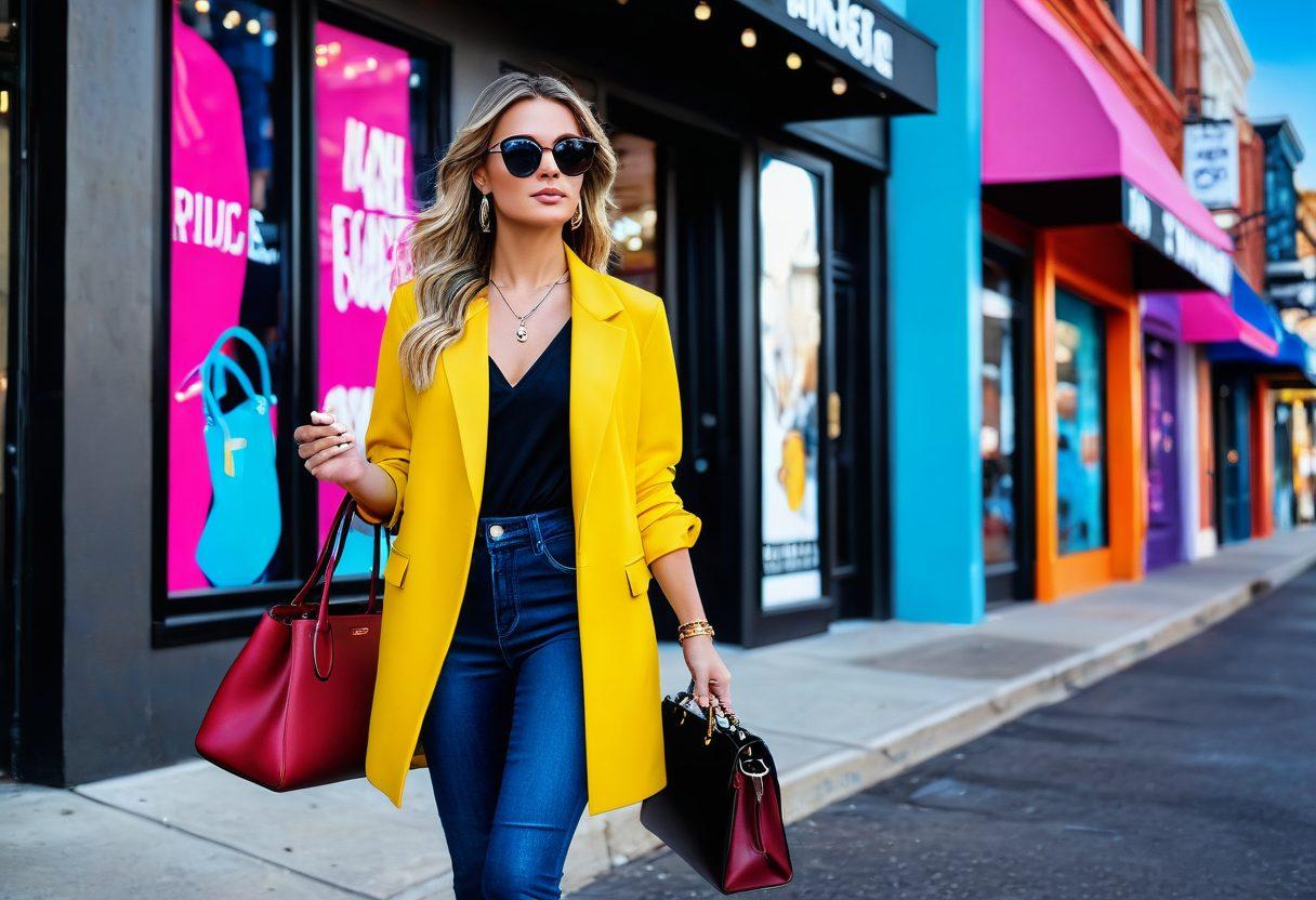 A vibrant, fashionable woman confidently strutting down a chic urban street, adorned with the latest stylish clothing and accessories from Flirt Fashions; trendy handbags, sunglasses, and jewelry that make a statement. Her outfit blends contemporary and timeless elements, with a backdrop of boutique storefronts and fashion billboards. super-realistic. vibrant colors.
