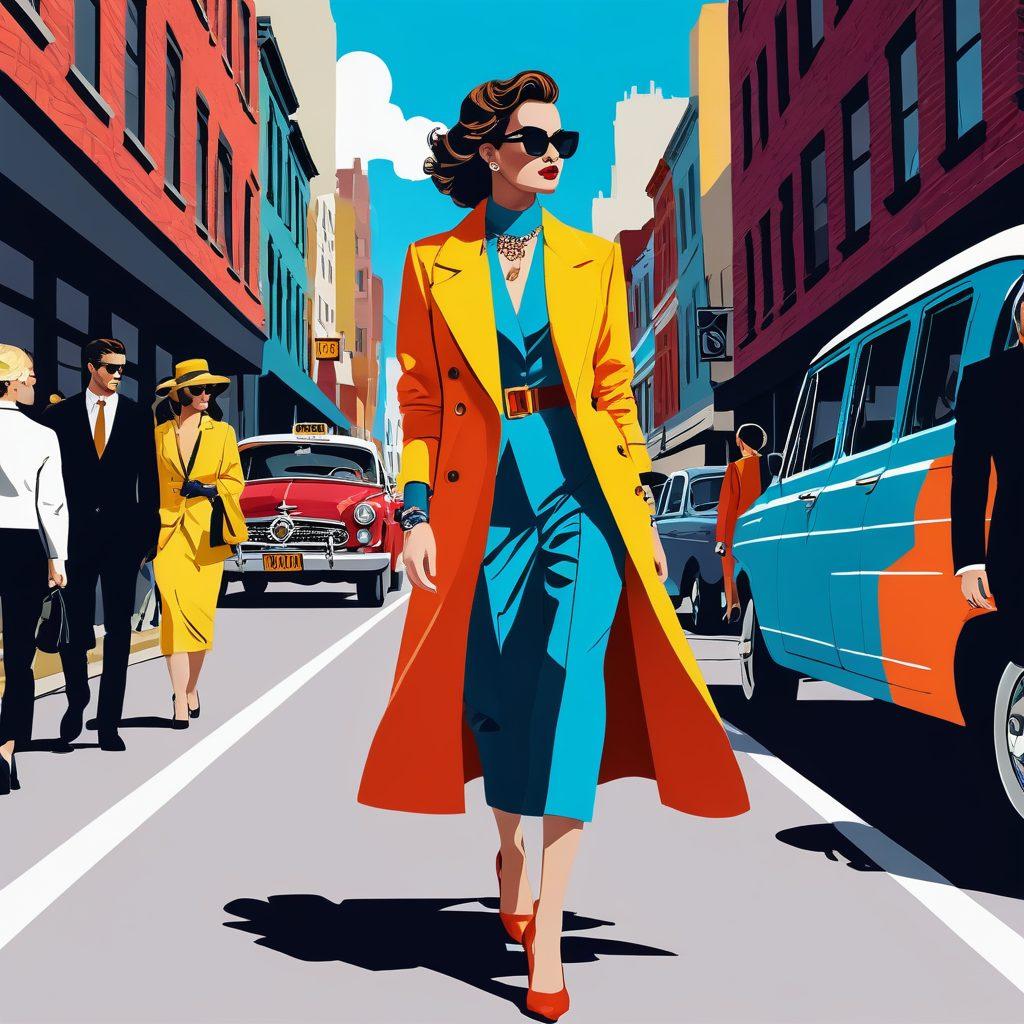 A stylish model confidently strutting down a runway adorned with bold, modern attire, seamlessly blending into a bustling urban street where passersby sport trendy vintage outfits. Both worlds should collide, highlighting a vivid contrast between modern chic and timeless vintage fashion. Vector art. vibrant colors.