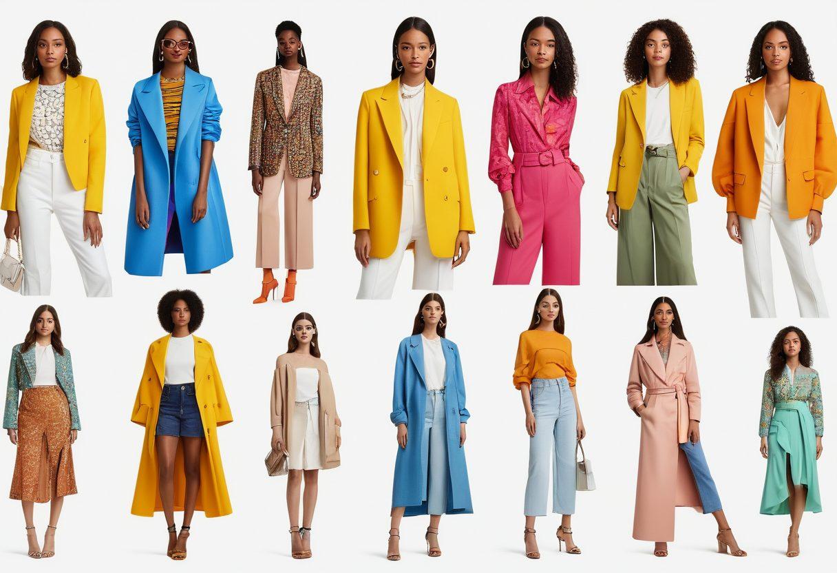 A stylish outfit collage showcasing a variety of trendsetting clothes and accessories for different occasions, including elegant evening wear, casual day outfits, and chic office attire. Feature vibrant colors, various textures, and popular fashion elements like statement pieces and designer footwear. super-realistic. vibrant colors. white background.